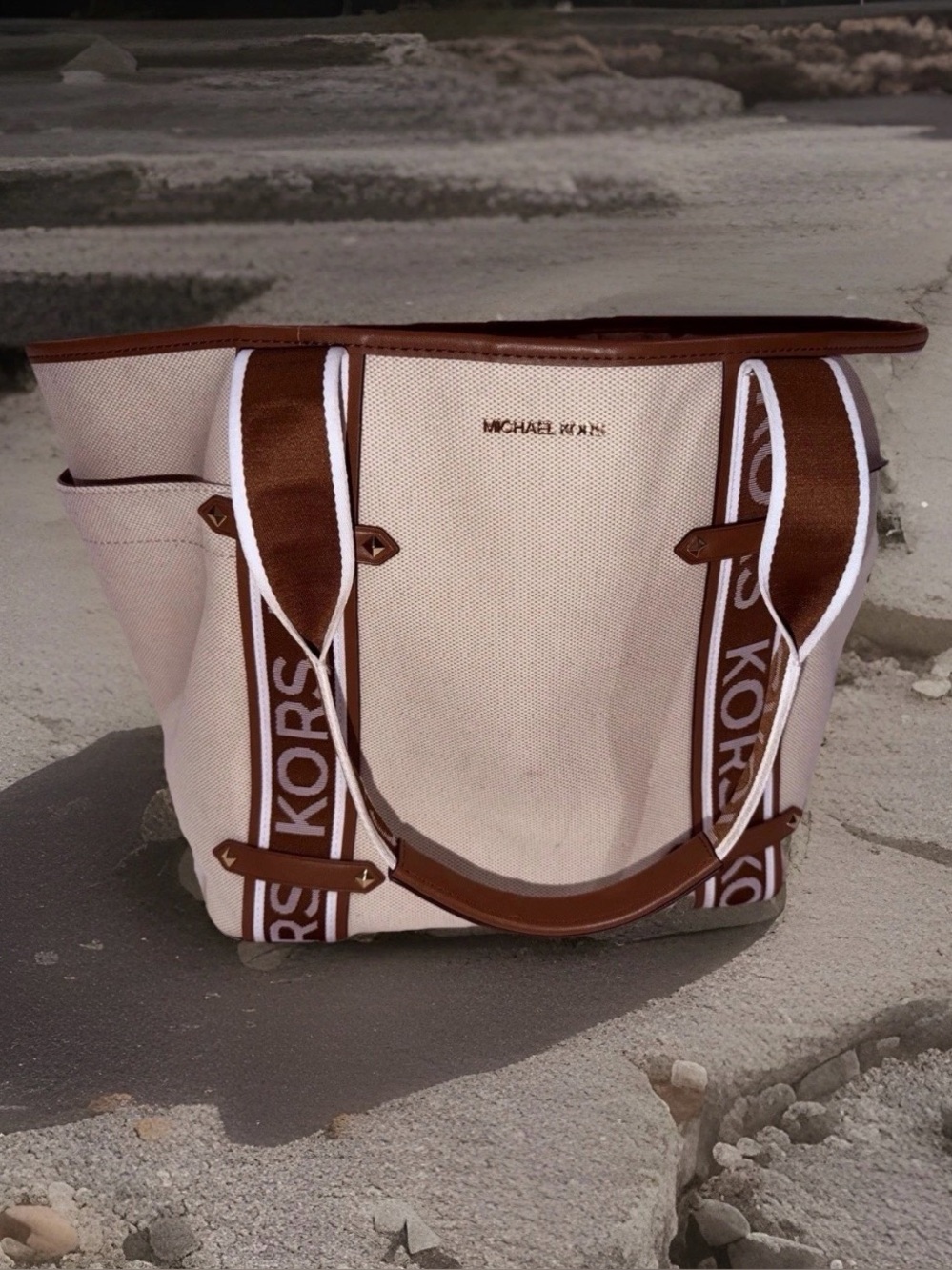 Michael Kors Cream Canvas Tote with Brown Trim and Logo Straps